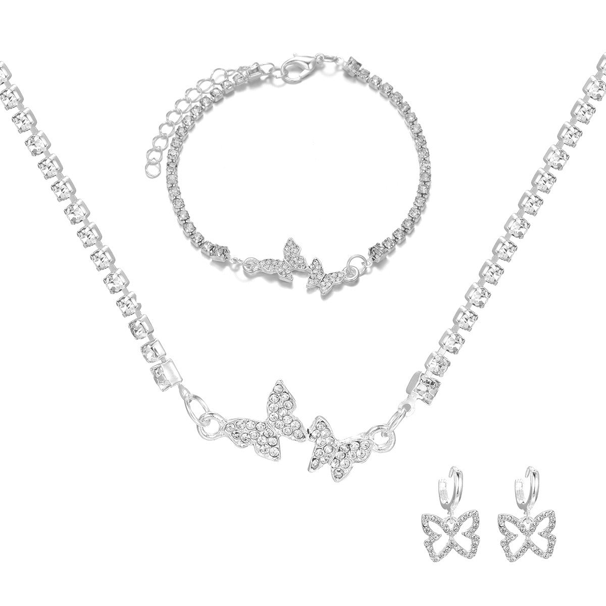 New Women's Fresh and Sweet Diamond Butterfly Necklace, Earrings, Bracelets, Light Luxury, High Grade, Shiny Silver Jewelry Set - Premium  from eprolo - Just $8.90! Shop now at Abstrakjsnc 