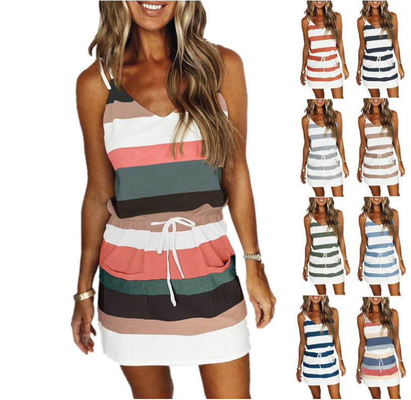 Fashion Stripe Drawstring Dress Summer Dress Loose Sleeveless Dress Women's Comfortable Casual Outfits Wear - Premium 0 from Abstrakjsnc  - Just $21.55! Shop now at Abstrakjsnc 