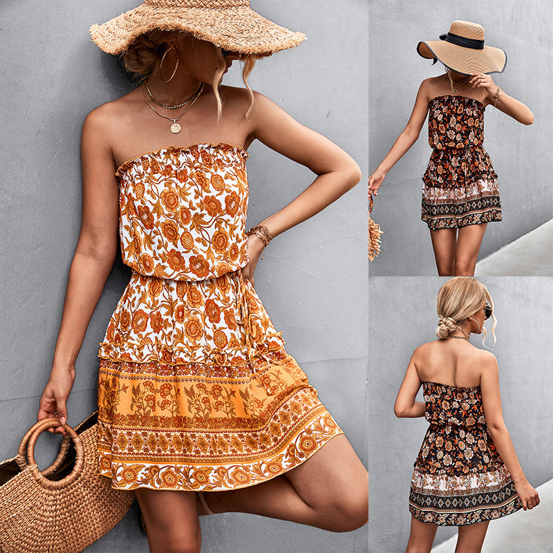 Women's Bohemian Floral Print Strapless Dress Summer Beach Dress - Premium 0 from Abstrakjsnc  - Just $25.52! Shop now at Abstrakjsnc 